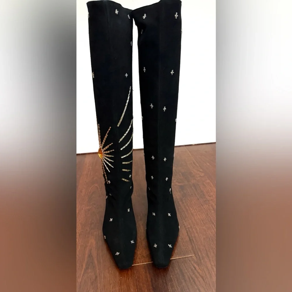 NWT STAUD Wally Suede Crystal embellished Tall Boots in Black Celestial Size 8 - Picture 11 of 17